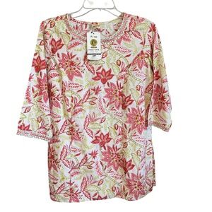 Primp Vadodara Floral Kurti Tunic Top Pink Green Mirror Work Size M NEW Tropical
